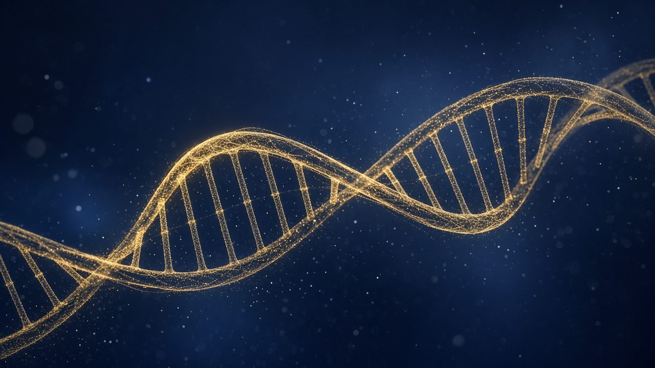 Ilustração de dupla hélice de DNA em dourado sobre fundo azul-marinho