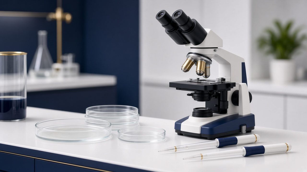 Microscópio e placas de Petri em bancada de laboratório