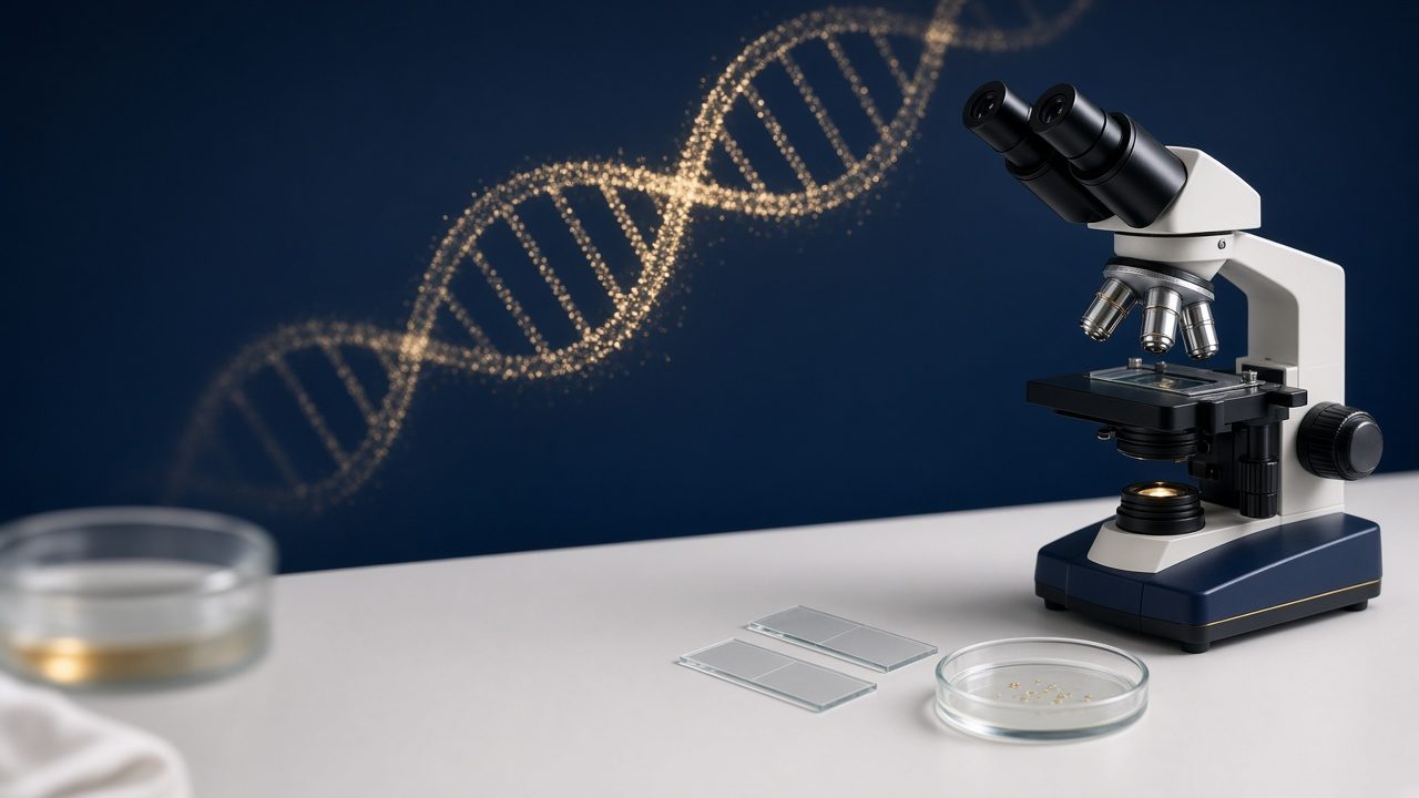 Microscópio em bancada de laboratório com ilustração de DNA em dourado sobre fundo azul-marinho
