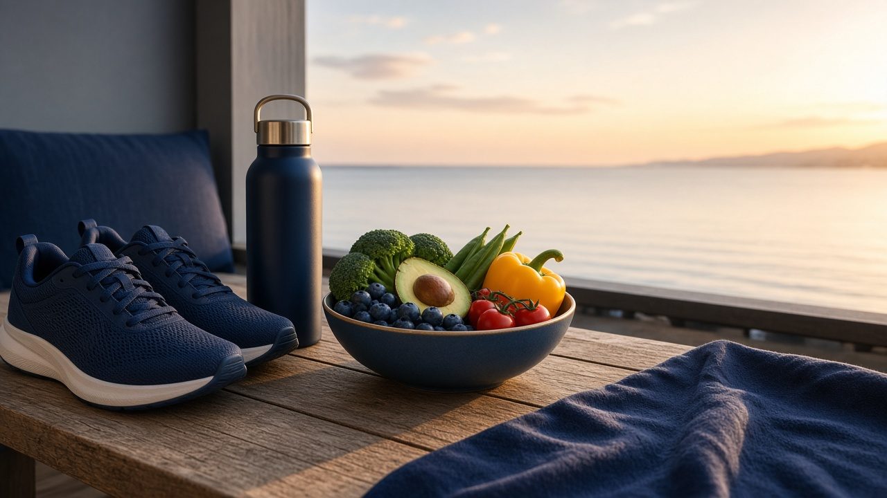 Tênis de corrida, garrafa de água e frutas diante do mar ao amanhecer