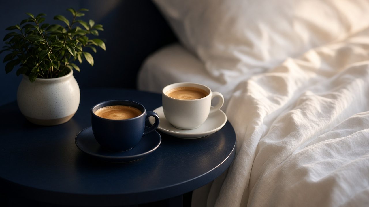Duas xícaras de café em mesa de cabeceira ao lado de lençóis brancos