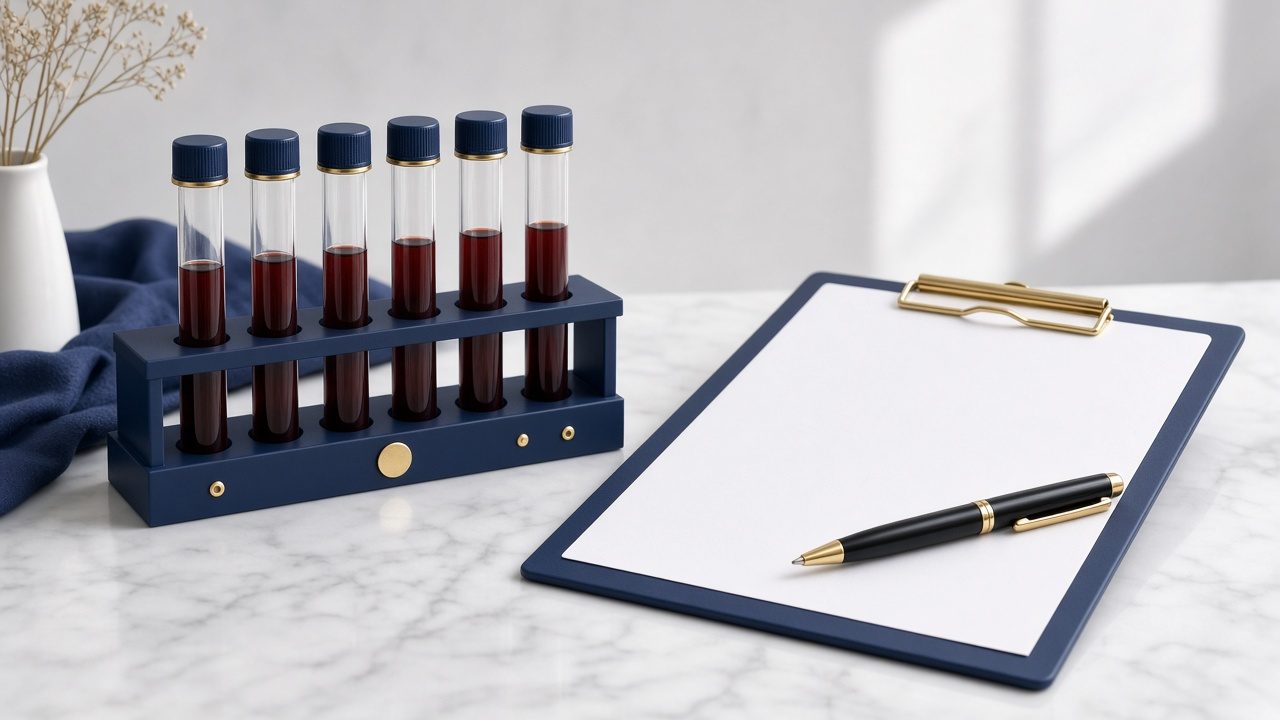 Tubos de coleta de sangue ao lado de prancheta com laudo