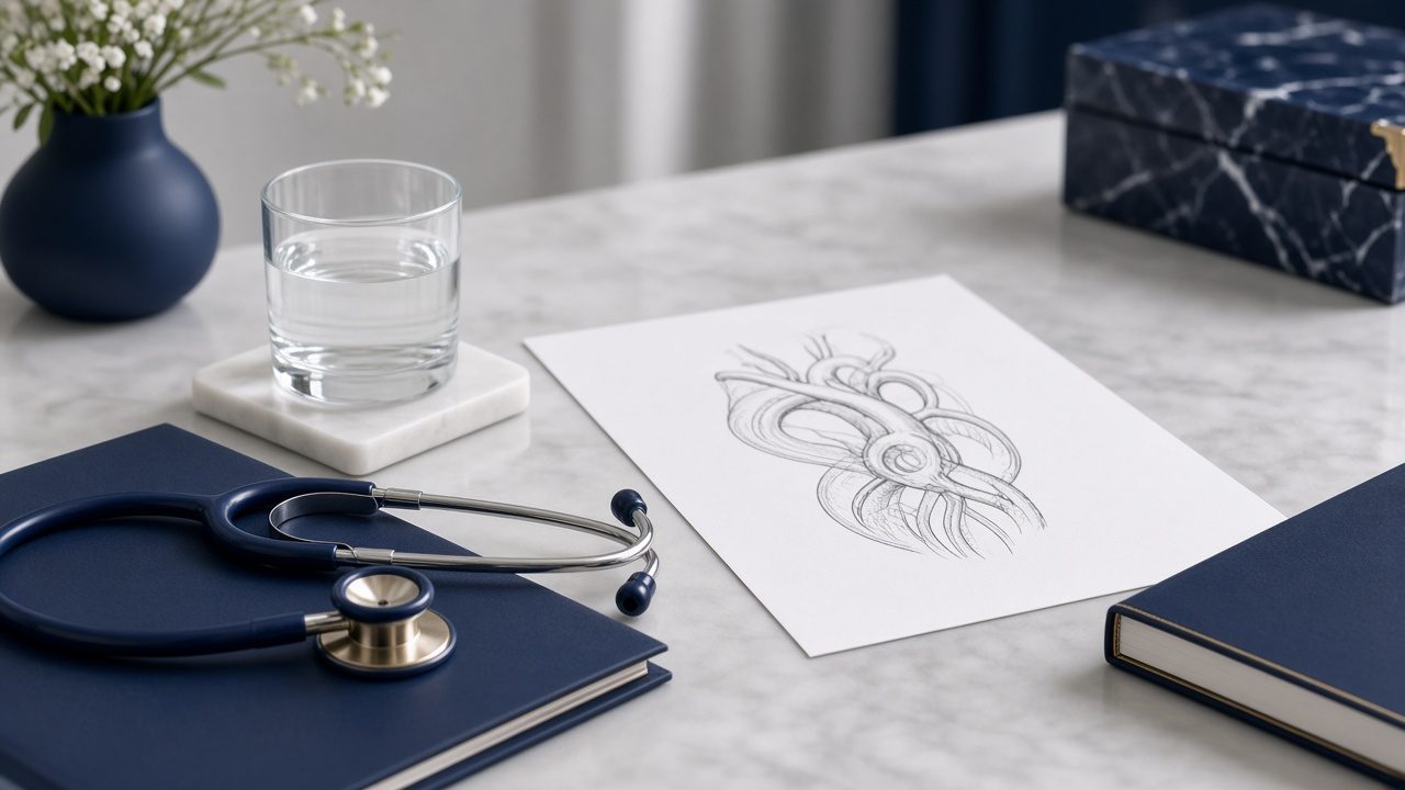 Mesa de consultório com estetoscópio e ilustração de vasos sanguíneos